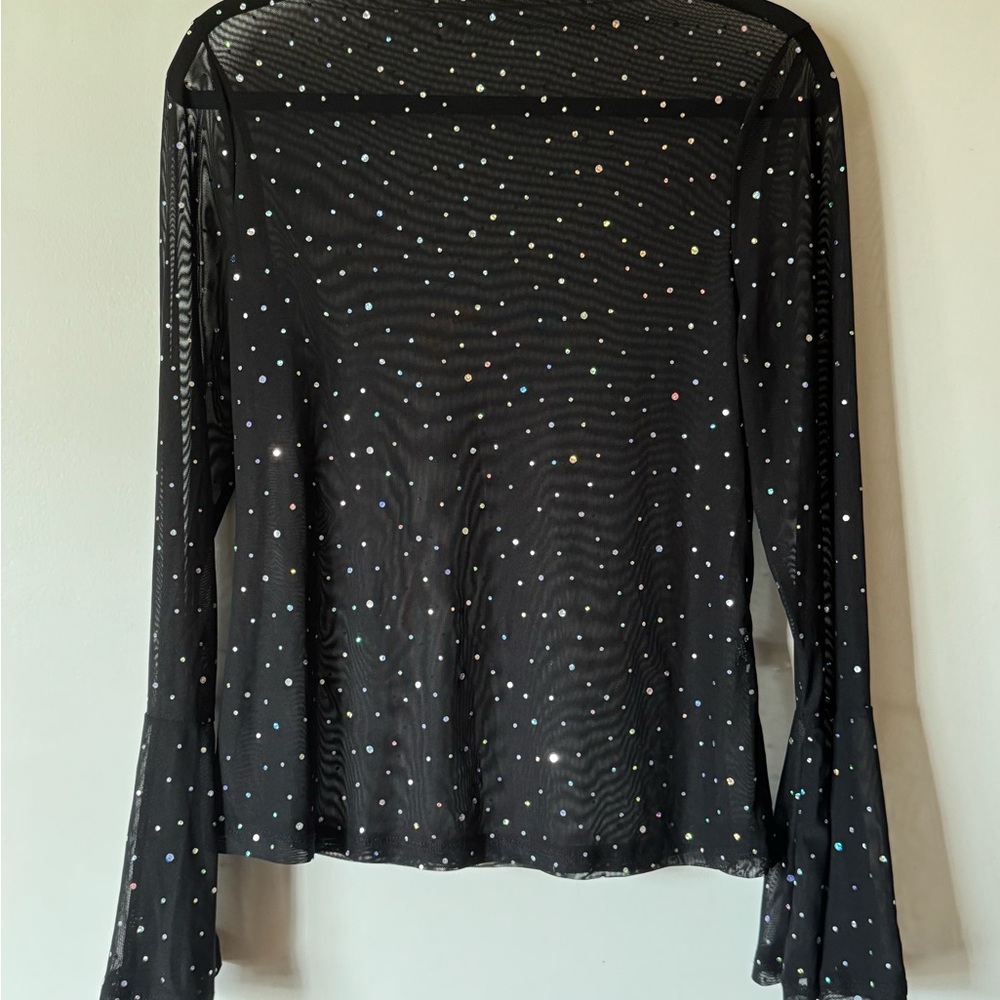 Elegant Black Sheer Top with Glitter Rhinestone Accents